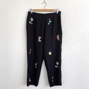 Vintage Women's Tiki Cocktails Embroidery On Black Linen Blend‎ Pants Medium